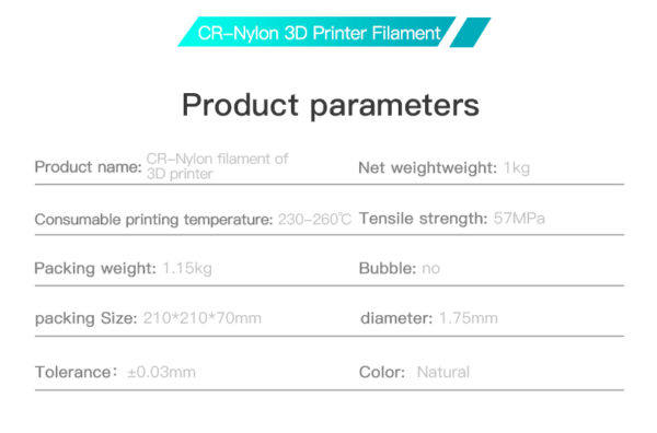 Filamento para impresión 3D CR-Nylon, características del filamento