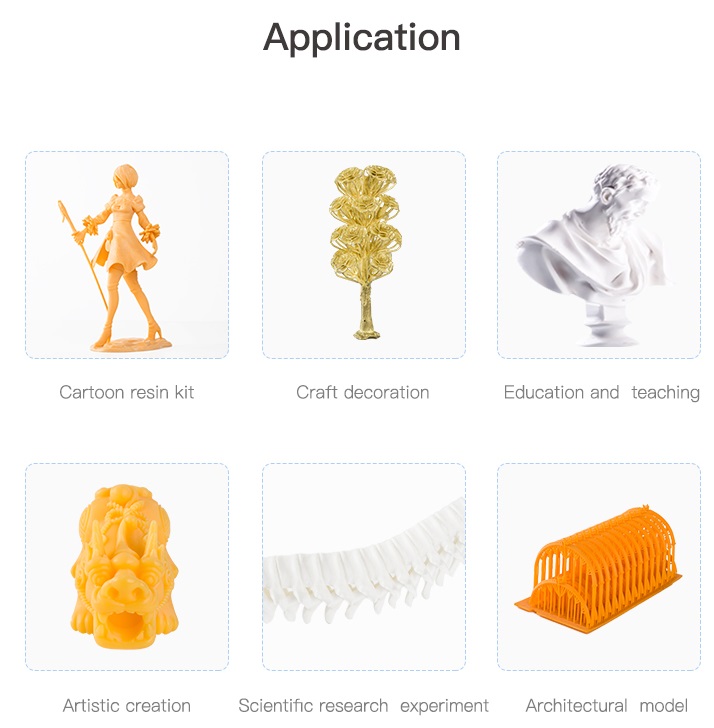Aplicaciones de la Resina Estándar Plus Creality en figuras de acción, decoración, educación, investigación científica y maquetas arquitectónicas.