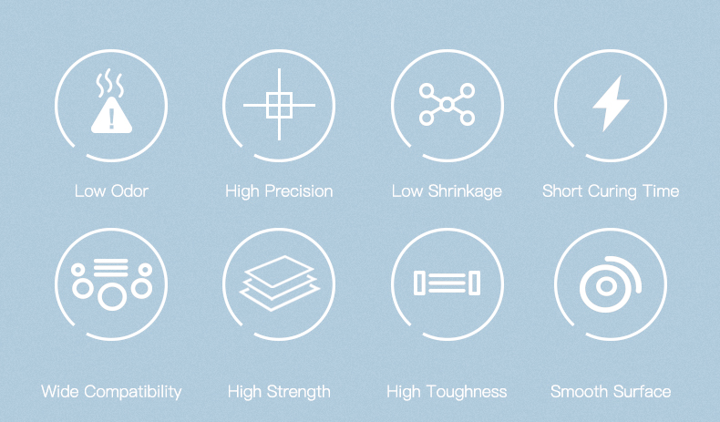 Propiedades de la Resina Estándar Plus Creality: bajo olor, alta precisión, secado rápido, alta tenacidad y amplia compatibilidad con impresoras 3D.