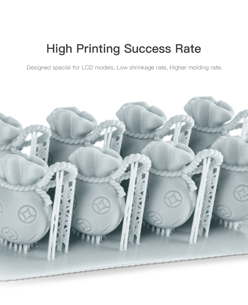 Alta tasa de éxito en impresión 3D con Resina Estándar Plus Creality, diseñada con baja contracción para modelos LCD detallados.