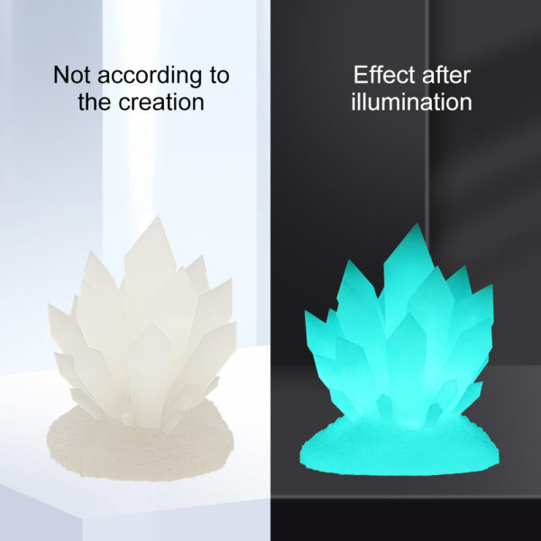 Resina de impresión 3D que brilla en la oscuridad Alto precisión Recargable con cualquier luz Resina translucida que, al recargarse con cualquier tipo de luz, emite un brillo luminiscente visible en la oscuridad. Su fórmula patentada garantiza una luz duradera y una vida útil prolongada.