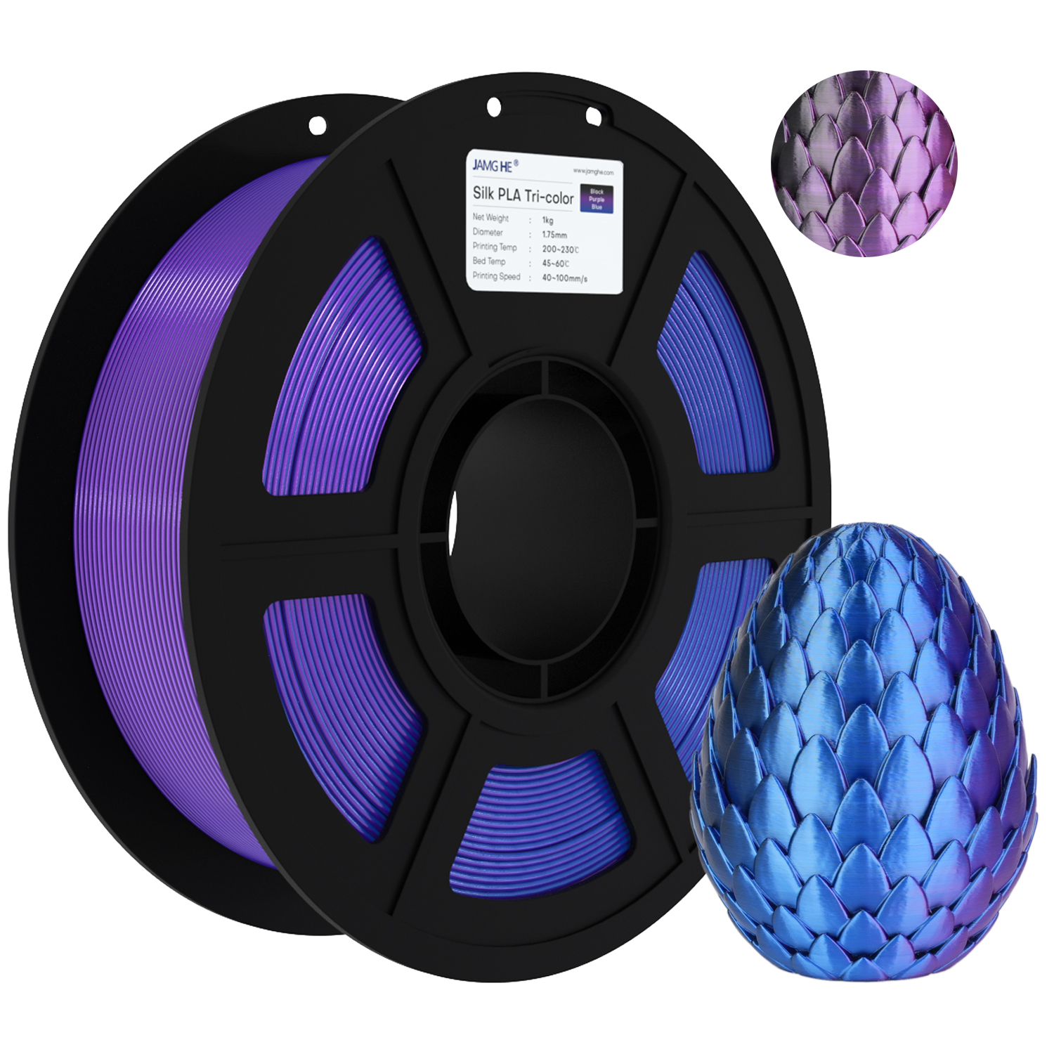 Filamento de co-extrusión triple en Negro, Morado y Azul; crea un efecto galaxia profundo con transiciones de color místicas.