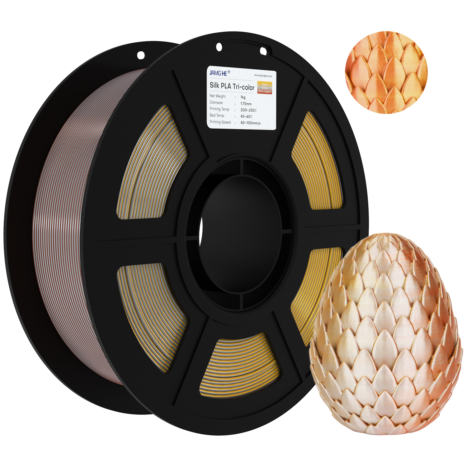 El "Triple Metal" de JAMG HE: Oro, Plata y Cobre Rojo en un solo filamento para acabados metálicos realistas y variados.
