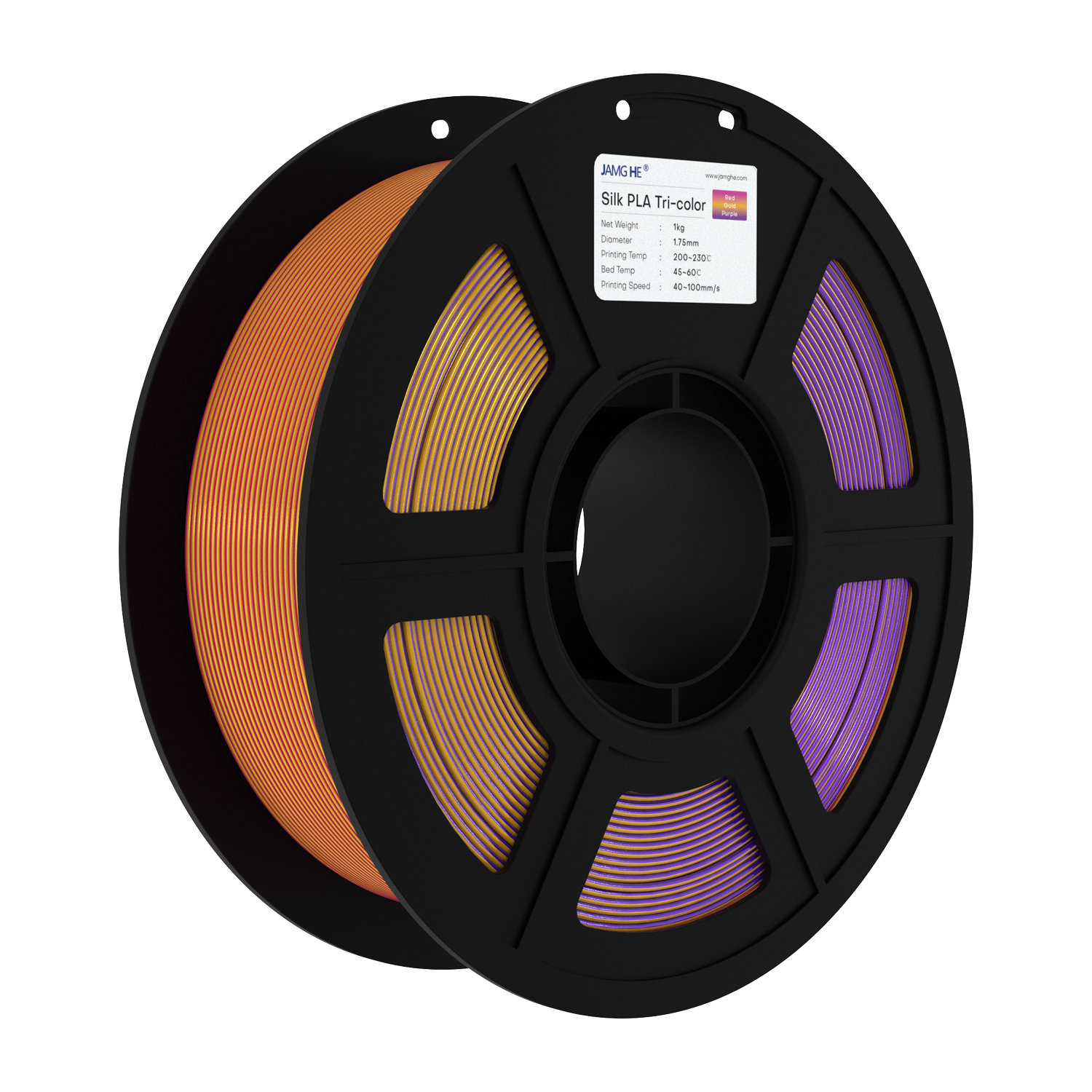 Filamento triple en Rojo, Oro y Morado; una mezcla regia y brillante que resalta la geometría de cualquier modelo 3D.