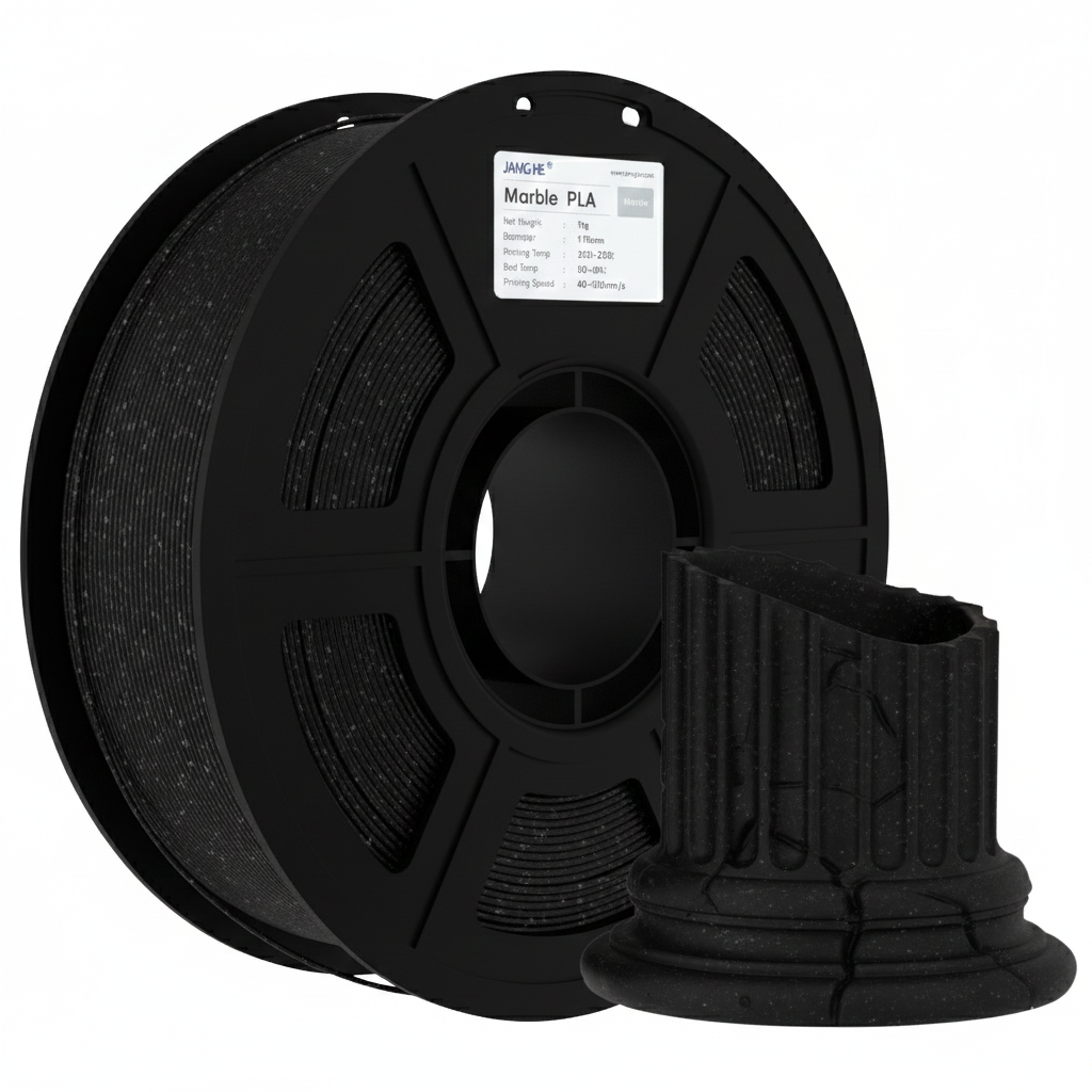 Filamento efecto mármol oscuro o granito negro, perfecto para piezas modernas y artísticas con un acabado de piedra volcánica.