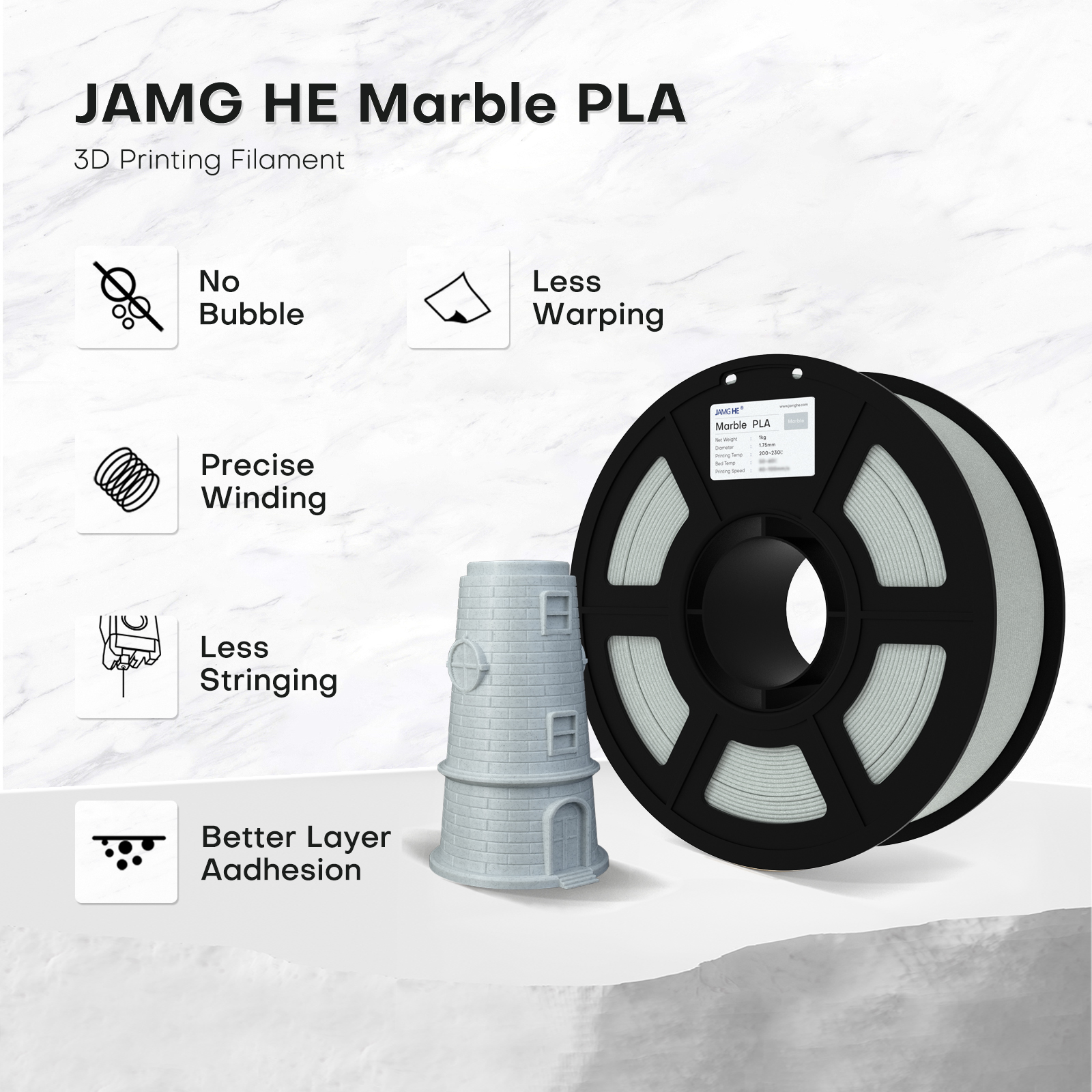 características del PLA Mármol de JAMG HE: alta fluidez, mínima contracción y partículas minerales que emulan la piedra natural