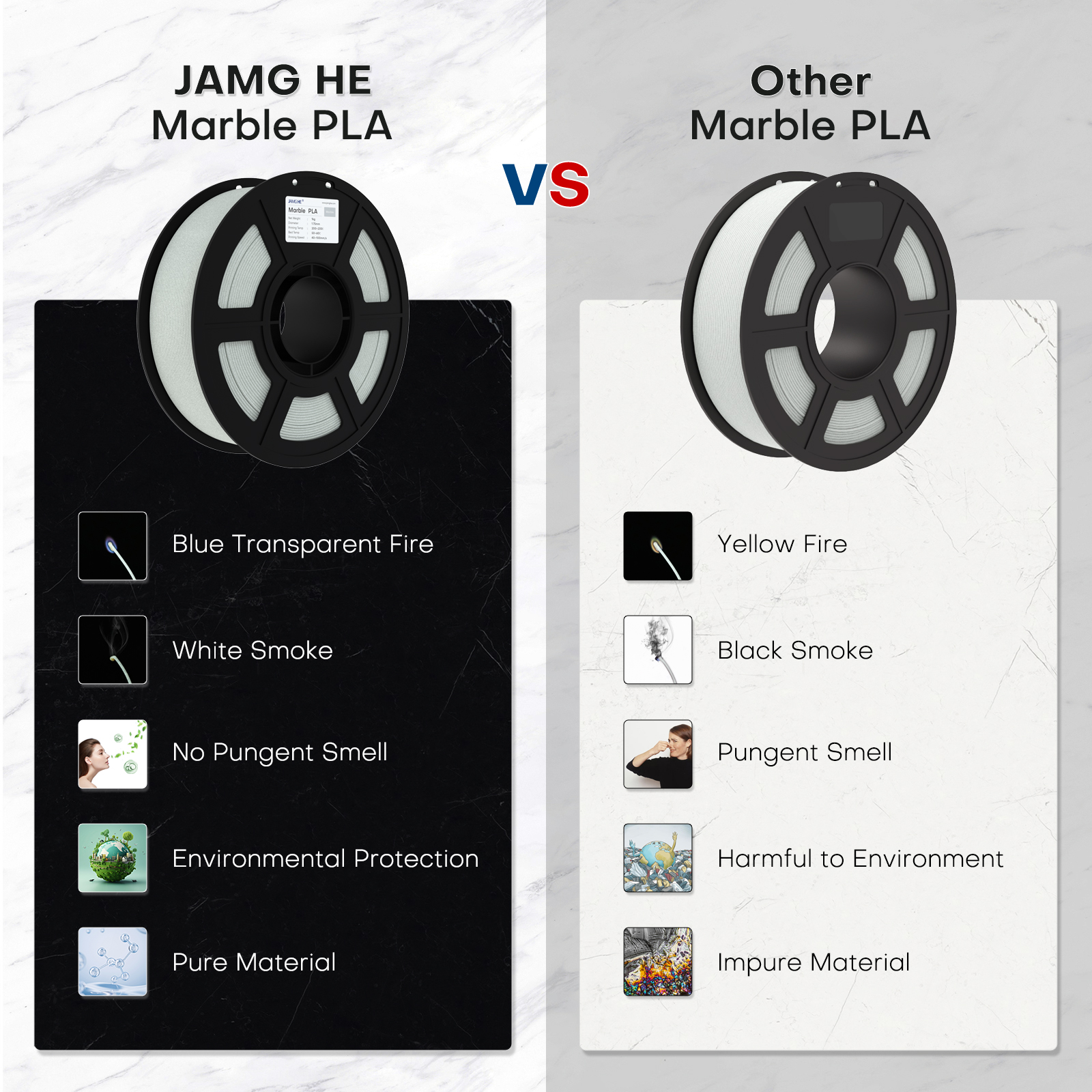 Comparativa visual que muestra la distribución uniforme de los puntos de mármol en el filamento JAMG HE frente a otras marcas que tienen acabados menos realistas.