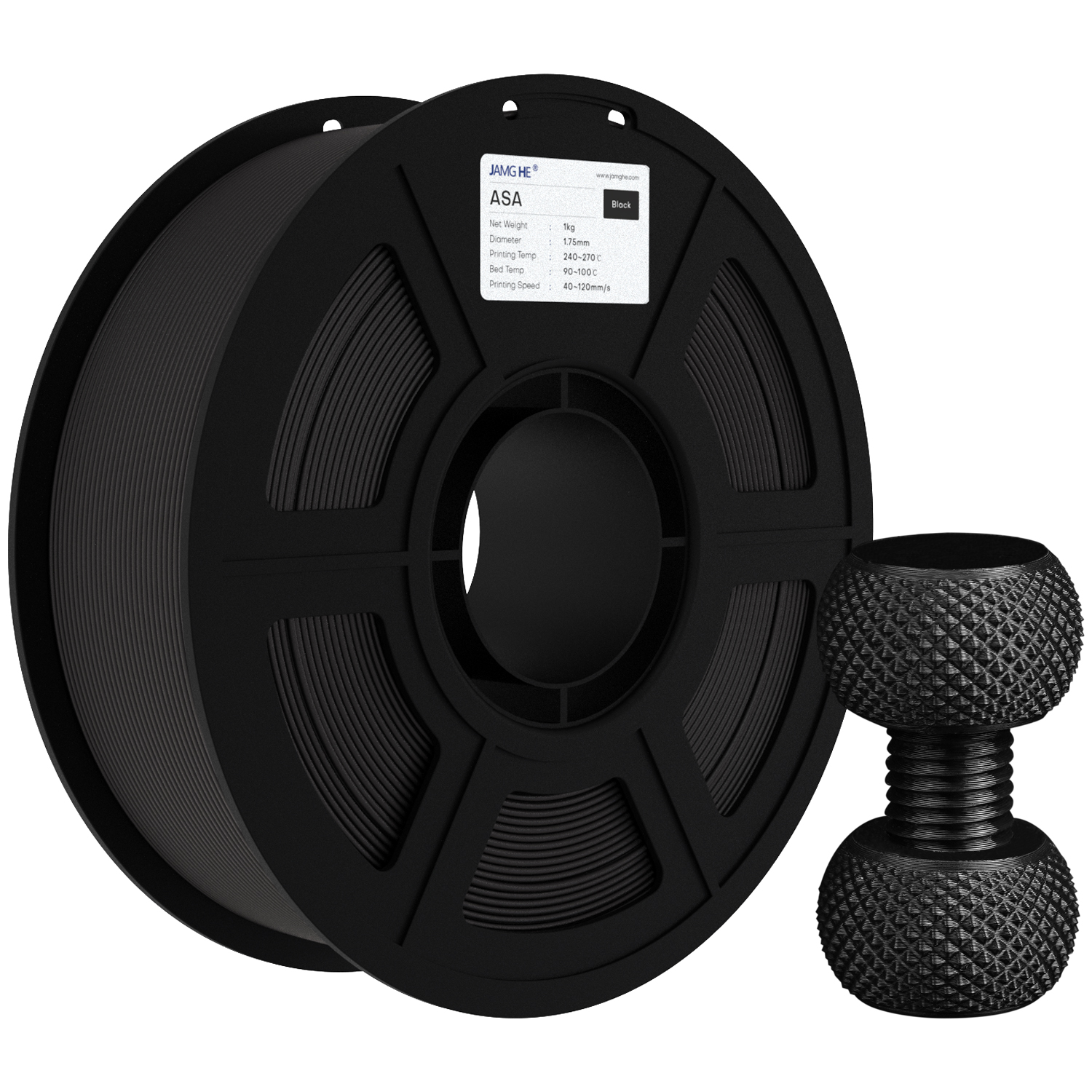 Filamento ASA color Negro de 1kg, el estándar industrial para piezas funcionales de exterior con acabado mate y elegante.