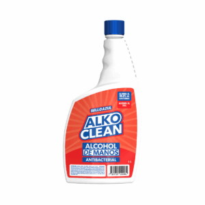 Envase de 1 litro de alcohol antibacterial Sello Azul, ideal para la desinfección profunda de manos y superficies de trabajo en laboratorios de fabricación digital y oficinas.
