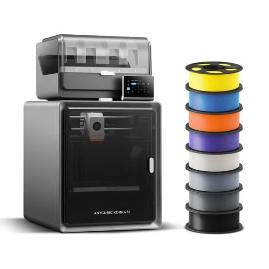 El sistema Anycubic Kobra S1 Combo combina una impresora 3D de alta velocidad con una unidad de gestión de filamentos para una experiencia de impresión profesional y automatizada.