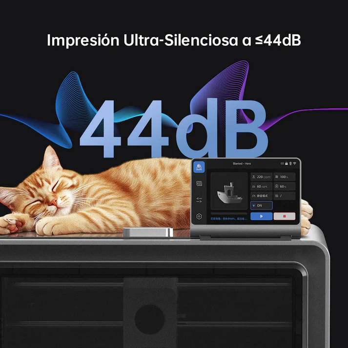 Tecnología de reducción de ruido de la Anycubic Kobra S1, permitiendo una impresión ultrasilenciosa ideal para entornos de trabajo compartidos y hogar.