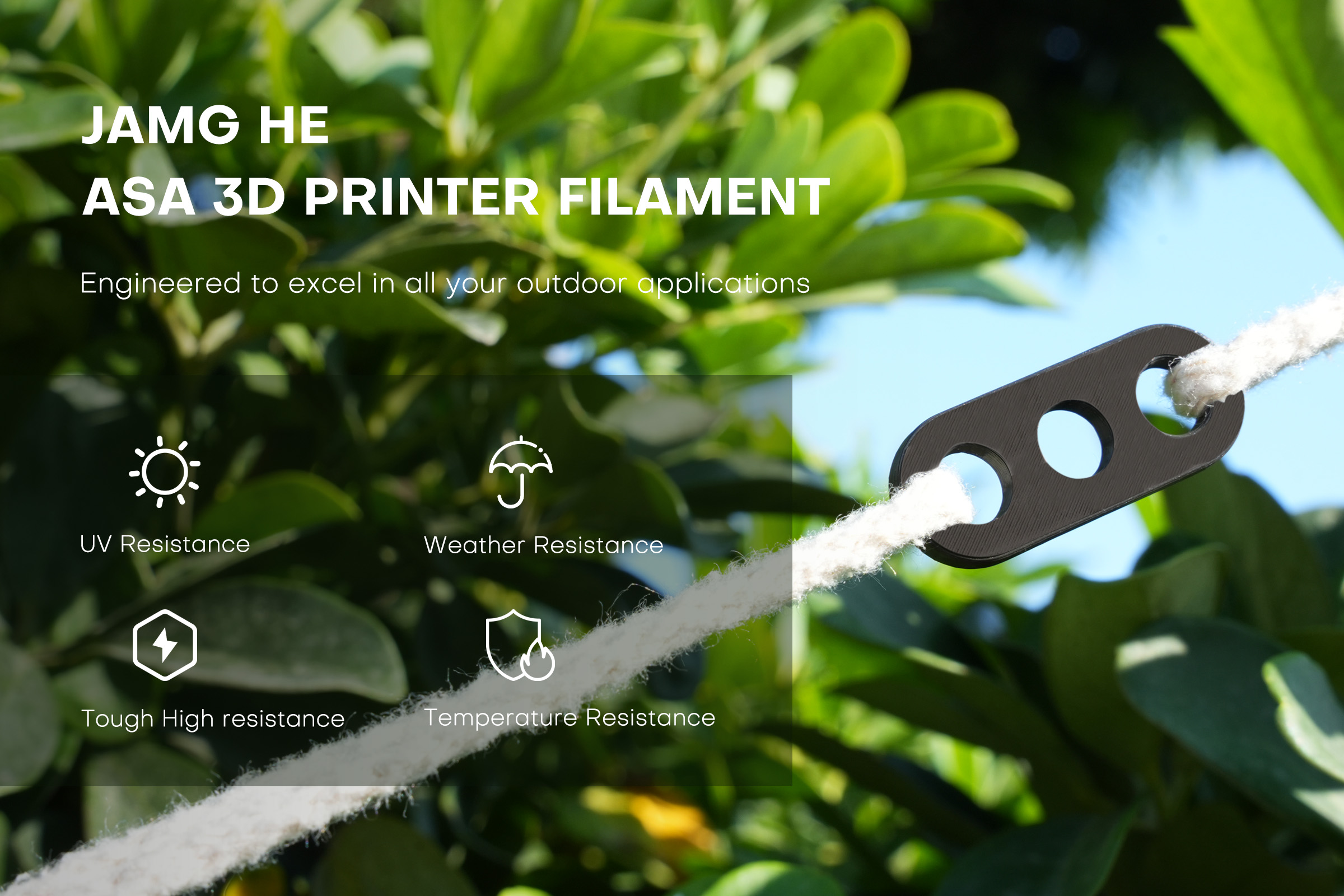 beneficios del filamento ASA: resistente al agua, resistente a químicos, alta dureza, fácil de imprimir (en comparación con el ABS) y protección UV