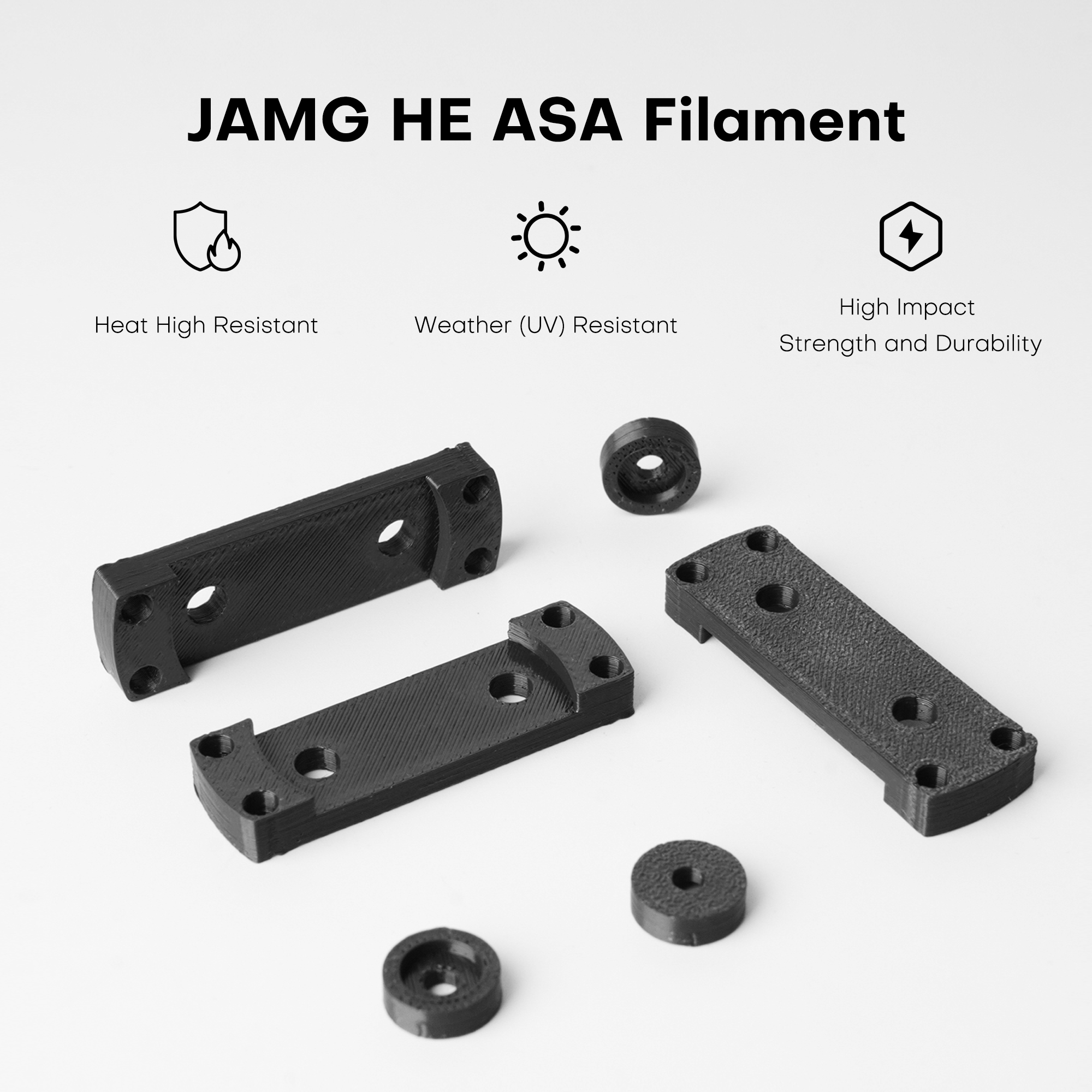 características principales del filamento ASA: baja contracción, excelente acabado superficial y alta estabilidad dimensional.