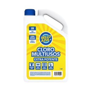 Envase de 1 galón (3.78L) de cloro desinfectante Sello Azul, diseñado para el uso intensivo en limpieza de suelos y desinfección de áreas industriales o comerciales.