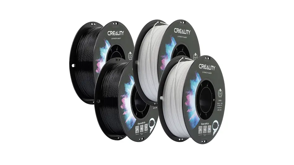 Paquete ahorro de 4kg de filamento CR-PETG Creality que incluye 2 rollos negros y 2 rollos blancos, ofreciendo los colores básicos más utilizados en impresión 3D profesional y técnica.