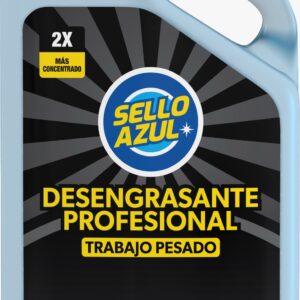 Galón de desengrasante industrial de alta potencia Sello Azul, ideal para la limpieza profunda de componentes mecánicos, bancadas de impresoras y suelos de talleres con residuos de lubricantes.