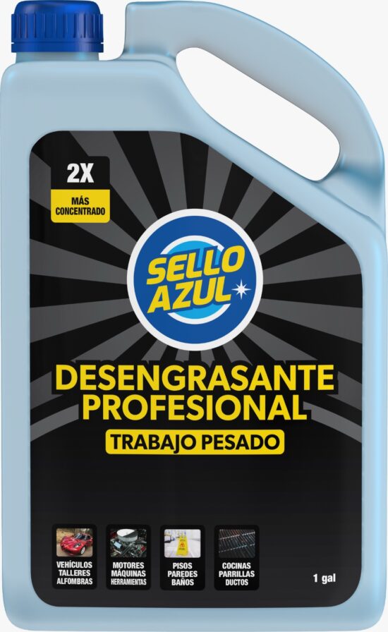 Galón de desengrasante industrial de alta potencia Sello Azul, ideal para la limpieza profunda de componentes mecánicos, bancadas de impresoras y suelos de talleres con residuos de lubricantes.