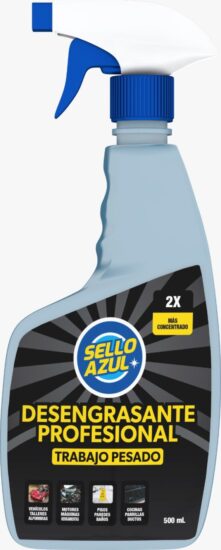 Desengrasante profesional Sello Azul con atomizador de 500ml, perfecto para aplicar directamente sobre piezas móviles, engranajes y herramientas de precisión para eliminar grasa y suciedad acumulada