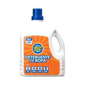 Galón de detergente líquido Sello Azul diseñado para eliminar manchas difíciles en uniformes de trabajo, overoles y textiles del taller, manteniendo las fibras protegidas.