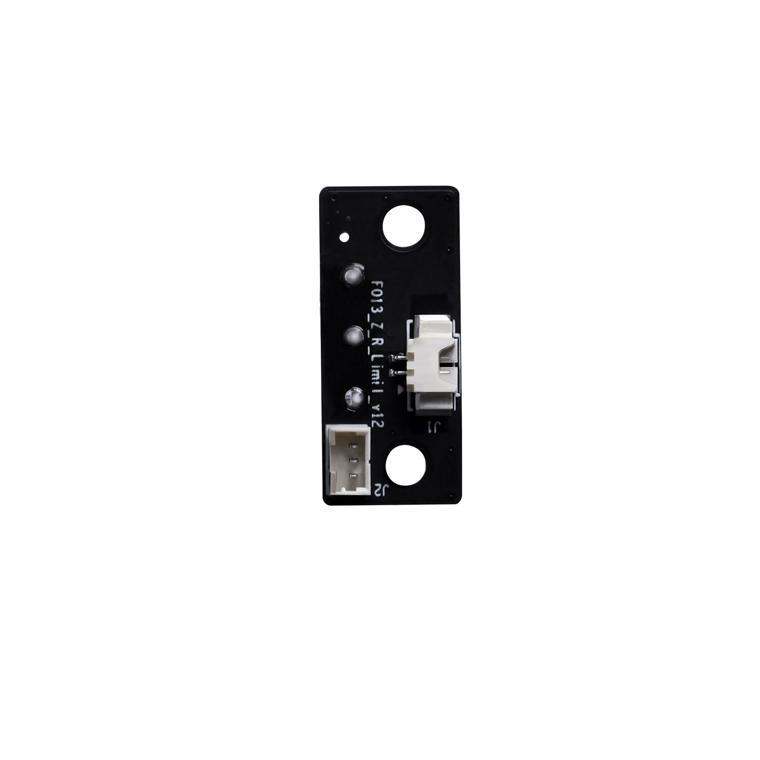 Vista posterior del interruptor de lĂmite derecho Creality mostrando el puerto de conexiĂłn y la placa de circuito integrada para una señal limpia y sin interferencias