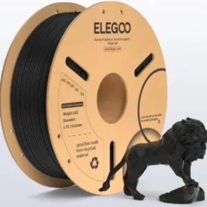 filamento ELEGOO PLA+ mostrando la bobina original y la caja, destacando su resistencia al impacto 2 veces mayor que el PLA convencional