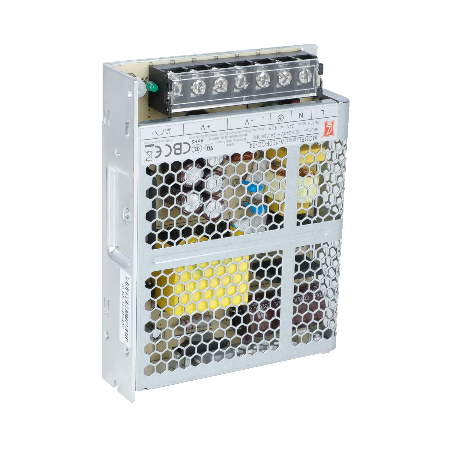 Vista lateral de la fuente de poder mostrando las rejillas de ventilación y el chasis de aluminio para una disipación de calor eficiente durante largas jornadas de impresión