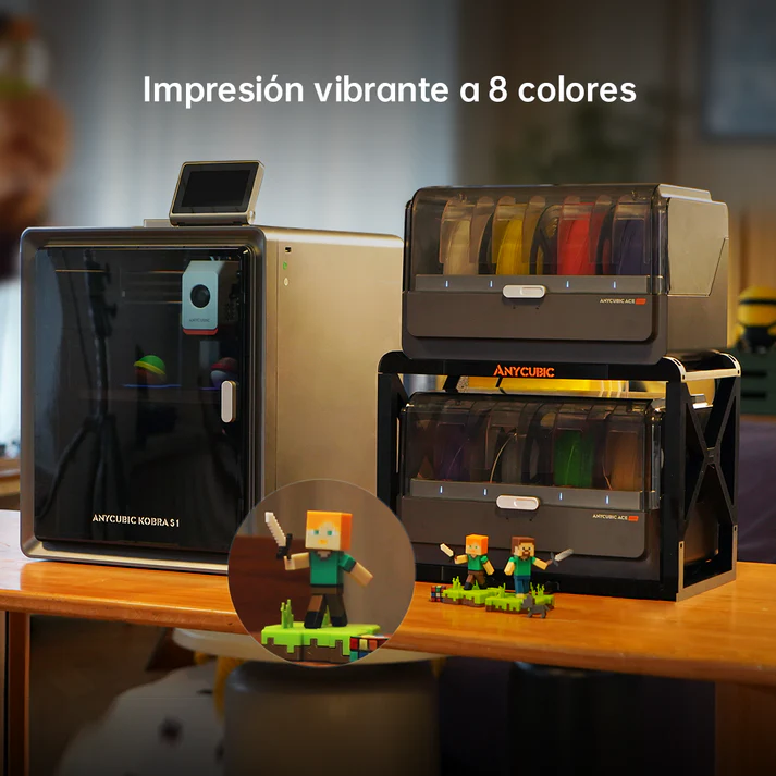 Demostración de modelos impresos en 3D con hasta 8 colores vibrantes, resaltando la capacidad de la Kobra S1 Combo para realizar cambios de filamento automáticos y precisos.