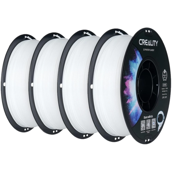 Combo de 4 bobinas de 1kg de filamento CR-PETG color Blanco marca Creality; excelente para piezas médicas, carcasas limpias y modelos que requieren post-procesado de pintura.