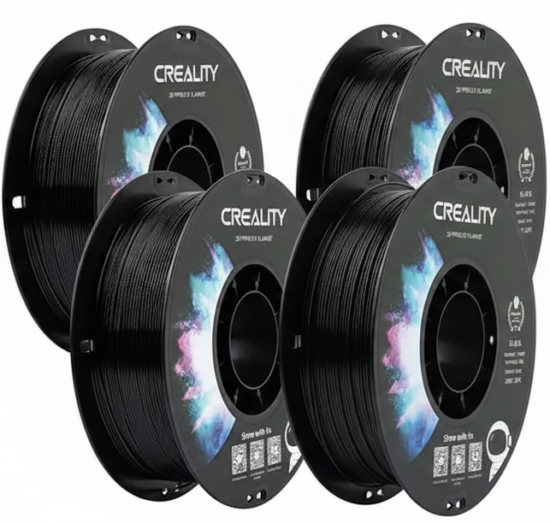 Pack de 4 bobinas de 1kg cada una de filamento CR-PETG Negro de Creality; una solución económica para producción continua y piezas de alta resistencia mecánica.