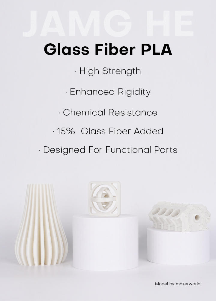 características técnicas del filamento con fibra de vidrio: baja contracción, alta resistencia al calor, gran dureza y excelente acabado superficial mate.