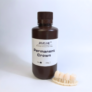 impresión 3D dental utilizando resina permanente de JAMG HE, mostrando coronas con acabado natural, excelente ajuste marginal y alta estética para restauraciones definitivas.
