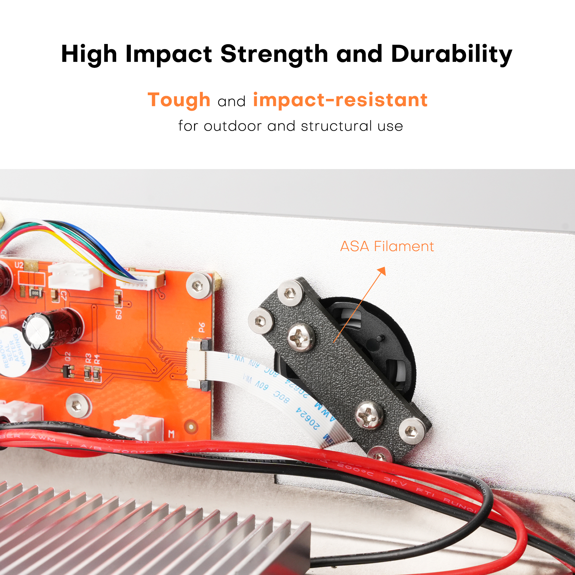 fuerza mecánica del material ASA, diseñado para resistir golpes y esfuerzos constantes sin fracturarse.