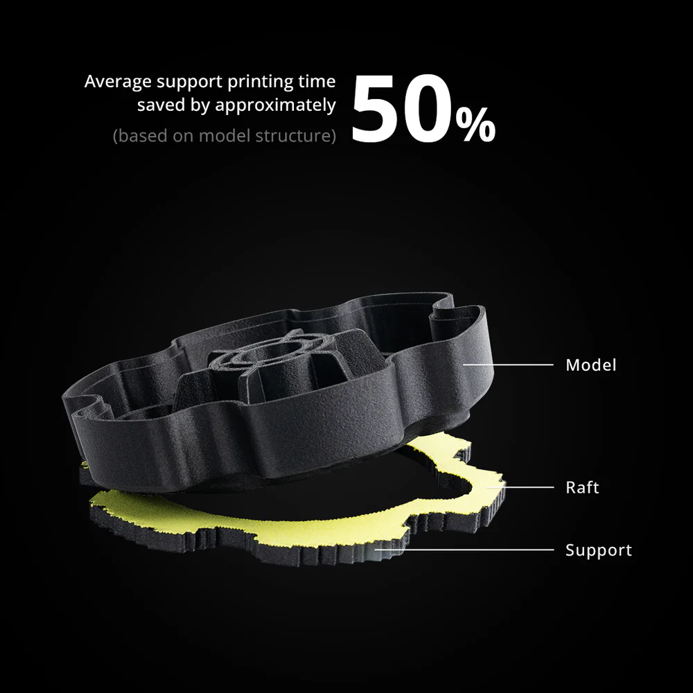 Demostración del sistema de soportes y "raft" optimizado de Flashforge que garantiza una base perfecta y una separación sencilla sin dañar la pieza final