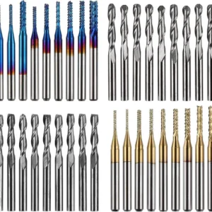 Colección completa de 40 fresas para CNC que incluye modelos tipo mazorca y puntas esféricas con diferentes recubrimientos