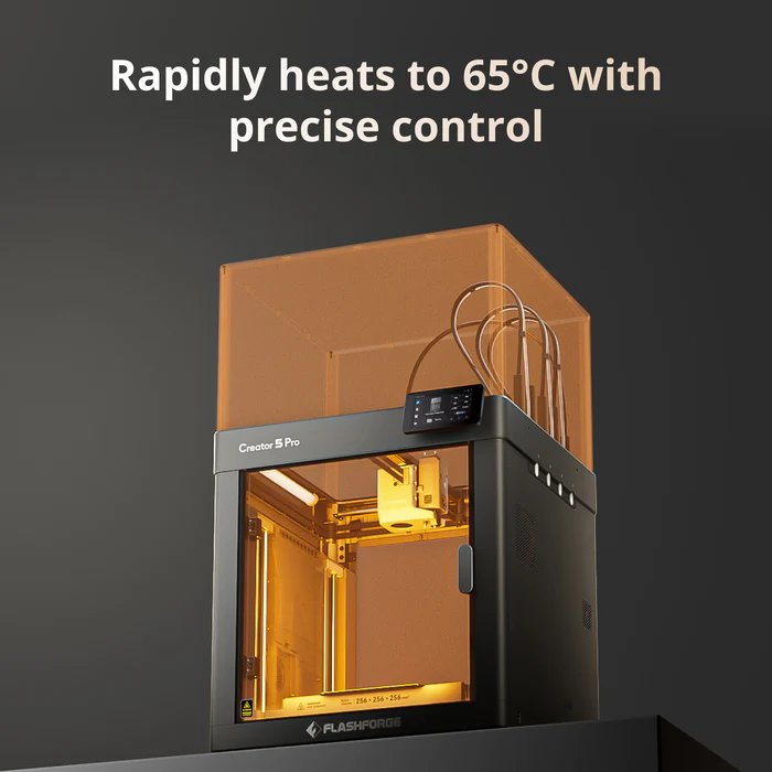 Interfaz de control térmico de la Creator 5 Pro mostrando el mantenimiento constante de 65°C en la cámara para materiales de ingeniería