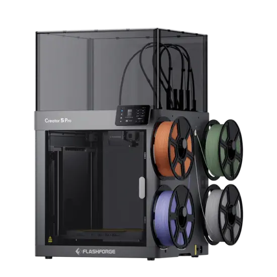 Impresora 3D industrial Flashforge Creator 5 Pro con cámara cerrada reforzada y sistema de extrusión dual independiente para materiales técnicos