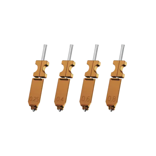 Variedad de boquillas de cambio rápido para Flashforge AD5X, mostrando los diferentes diámetros disponibles para cada tipo de impresión