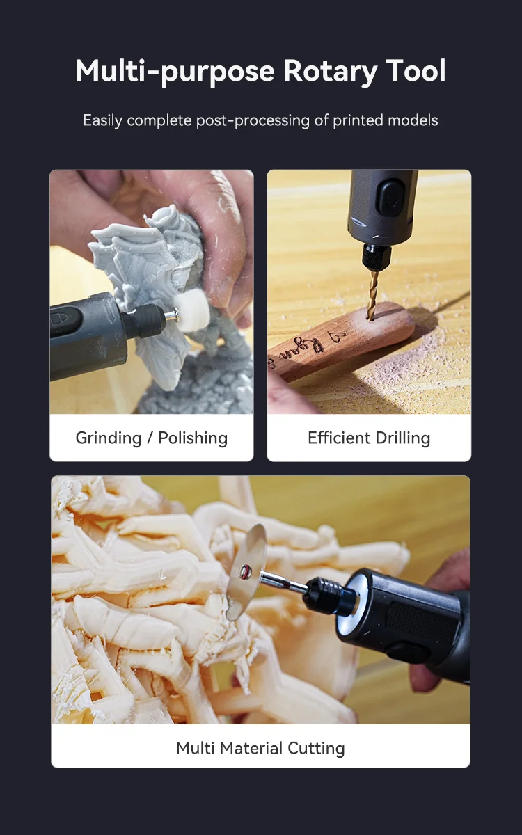 MĂşltiples usos del minitaladro, incluyendo corte de filamento, grabado en madera y pulido de resina