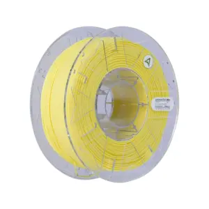 Bobina de filamento Hyper Luminous PLA de color amarillo, mostrando el carrete y una muestra de su intenso brillo fotoluminiscente