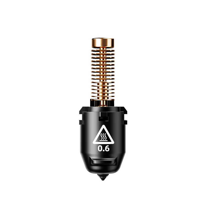 Vista del hotend de cambio rápido con boquilla de 0.6 mm, optimizada para reducir tiempos de impresión y evitar atascos técnicos