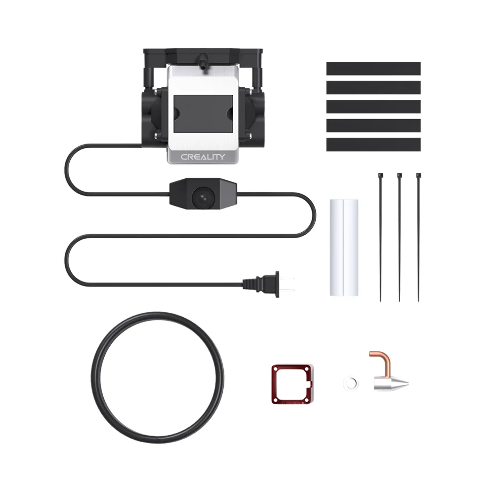 Desglose completo de las piezas del kit de asistencia neumática original para Creality Falcon 10W, incluyendo la manguera, la bomba y la boquilla