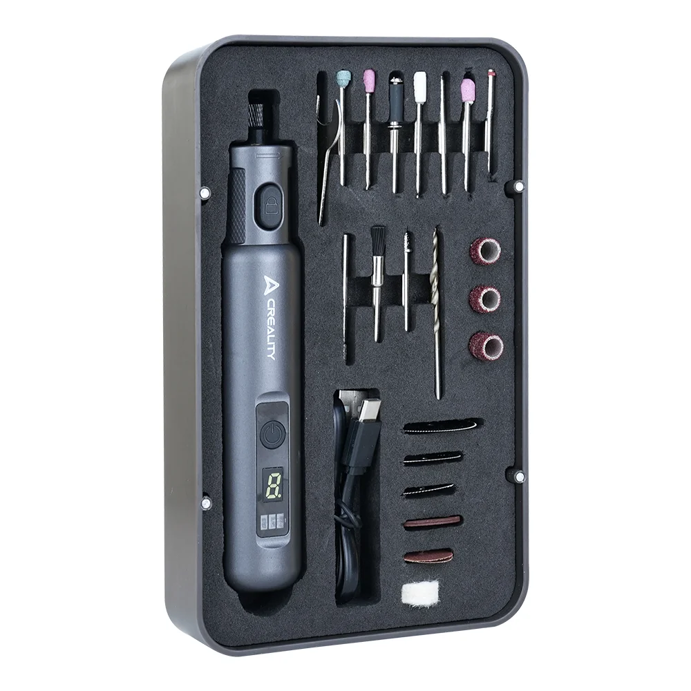 Desglose completo del kit rotativo Creality, mostrando la herramienta junto a sus puntas de amolar, discos de corte y estuche