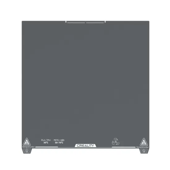 Vista superior completa de la plataforma flexible de acero resorte (Mesa Fría) de 370x370 mm original de Creality para la impresora K2 Plus