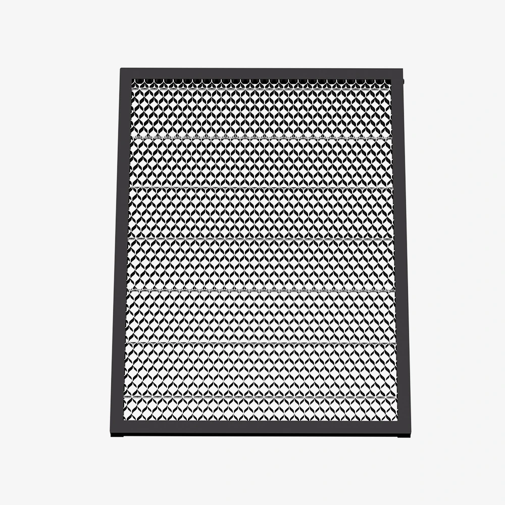 Vista completamente vertical de la rejilla de panel de abeja, detallando el patrón geométrico de ventilación uniforme