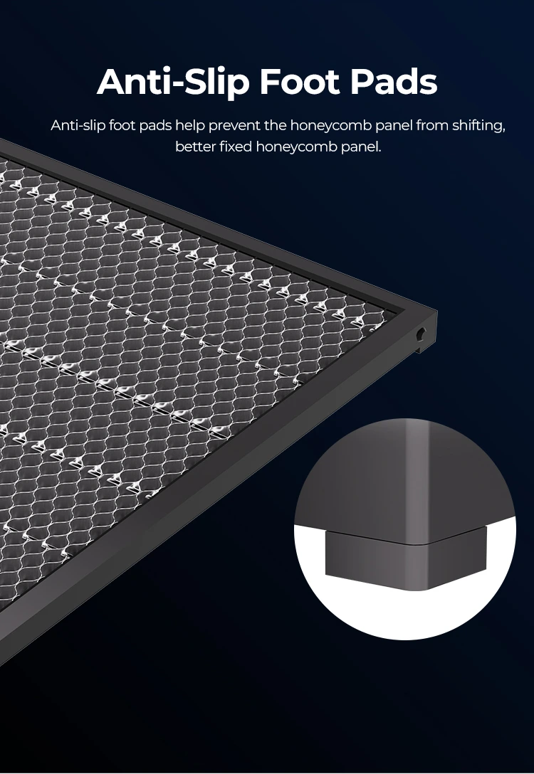Primer plano de las esquinas del marco de aluminio, resaltando las almohadillas antideslizantes que absorben las vibraciones inerciales del grabador