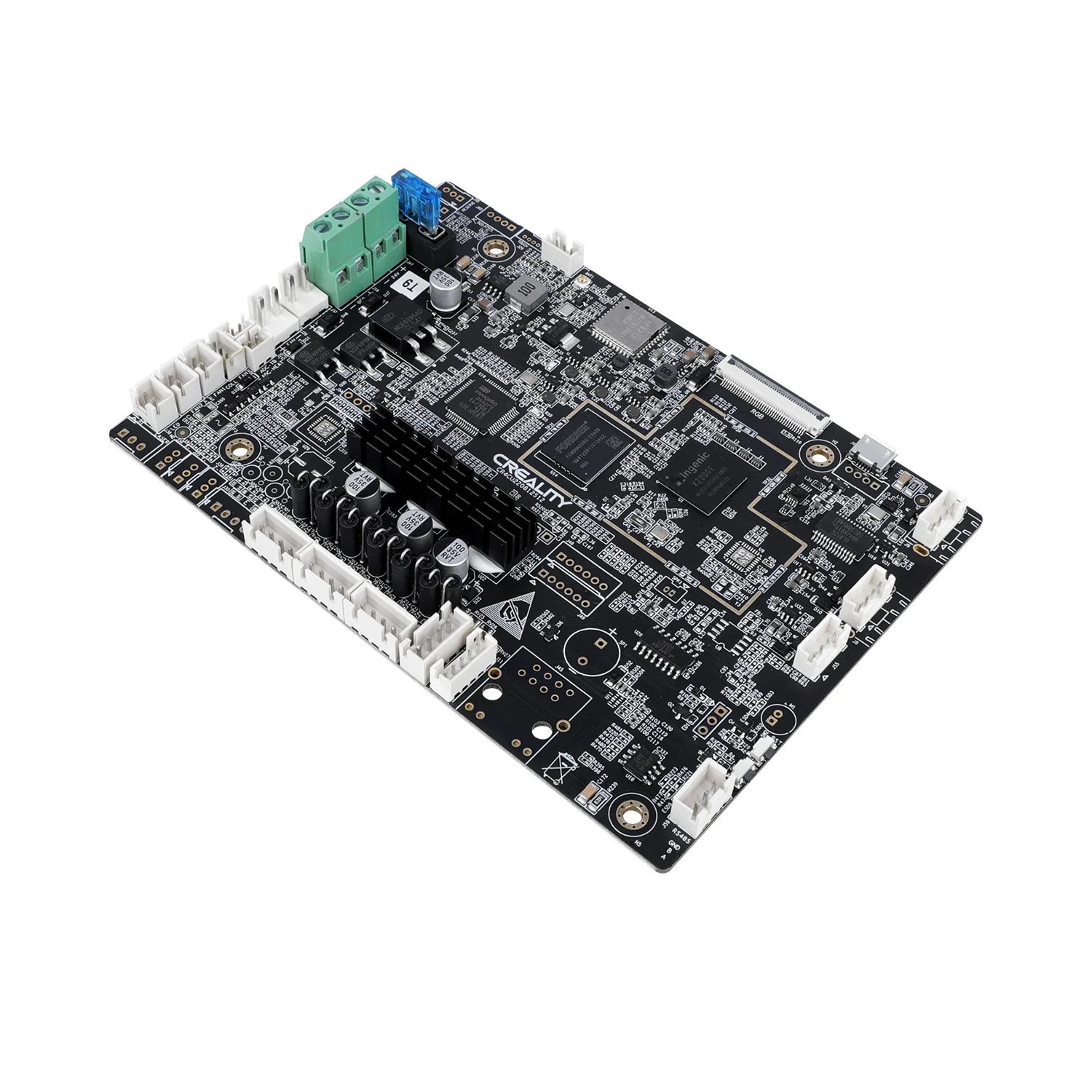 Vista angular inclinada de la placa principal de la K2 SE, resaltando la disposición de los disipadores de aluminio sobre los drivers integrados