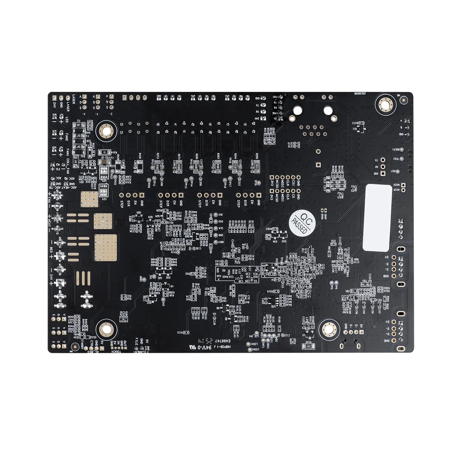 Vista posterior del reverso de la mainboard para Creality K2 SE, mostrando los puntos de soldadura industriales y las líneas de protección eléctrica