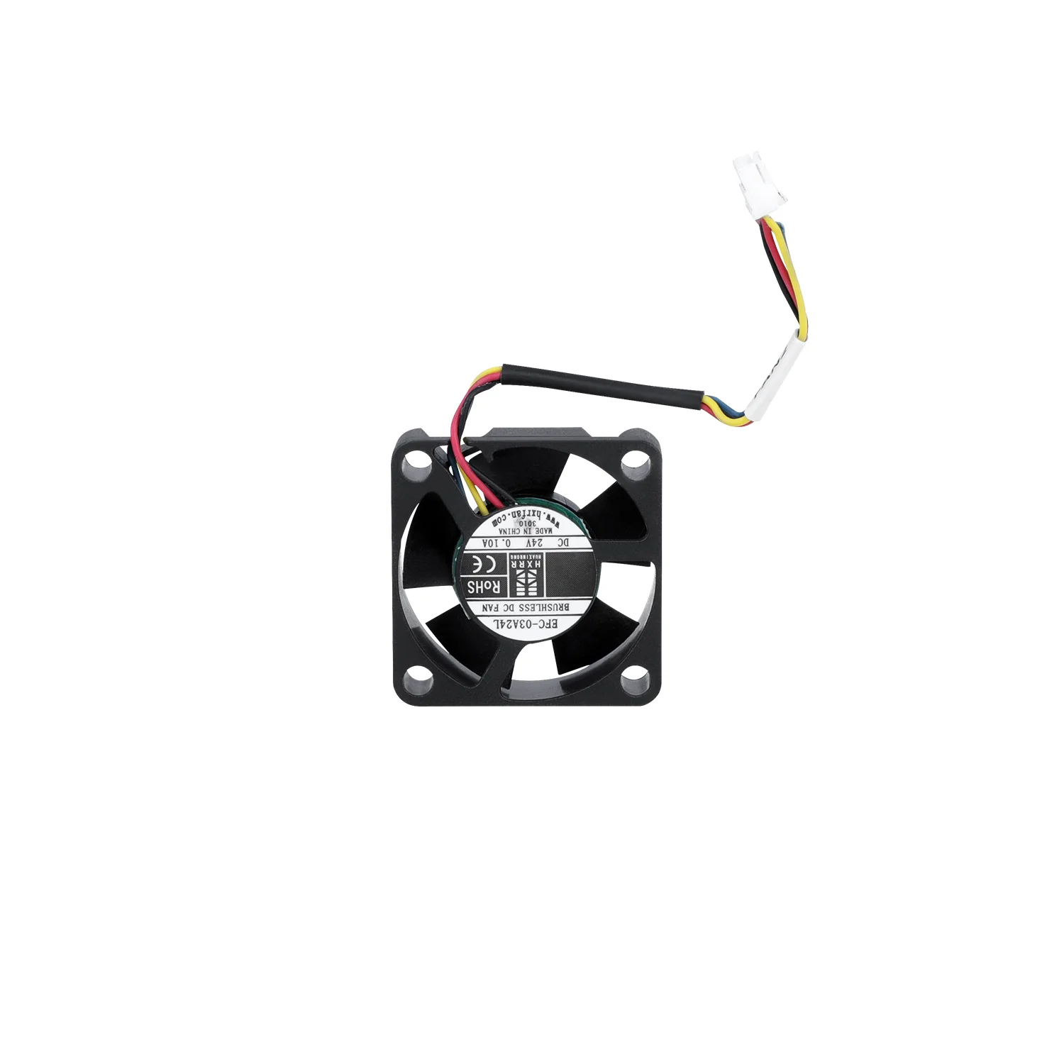 Vista trasera posterior del ventilador axial 3010, mostrando las especificaciones de voltaje impresas de fábrica y los cables con su terminal nativo