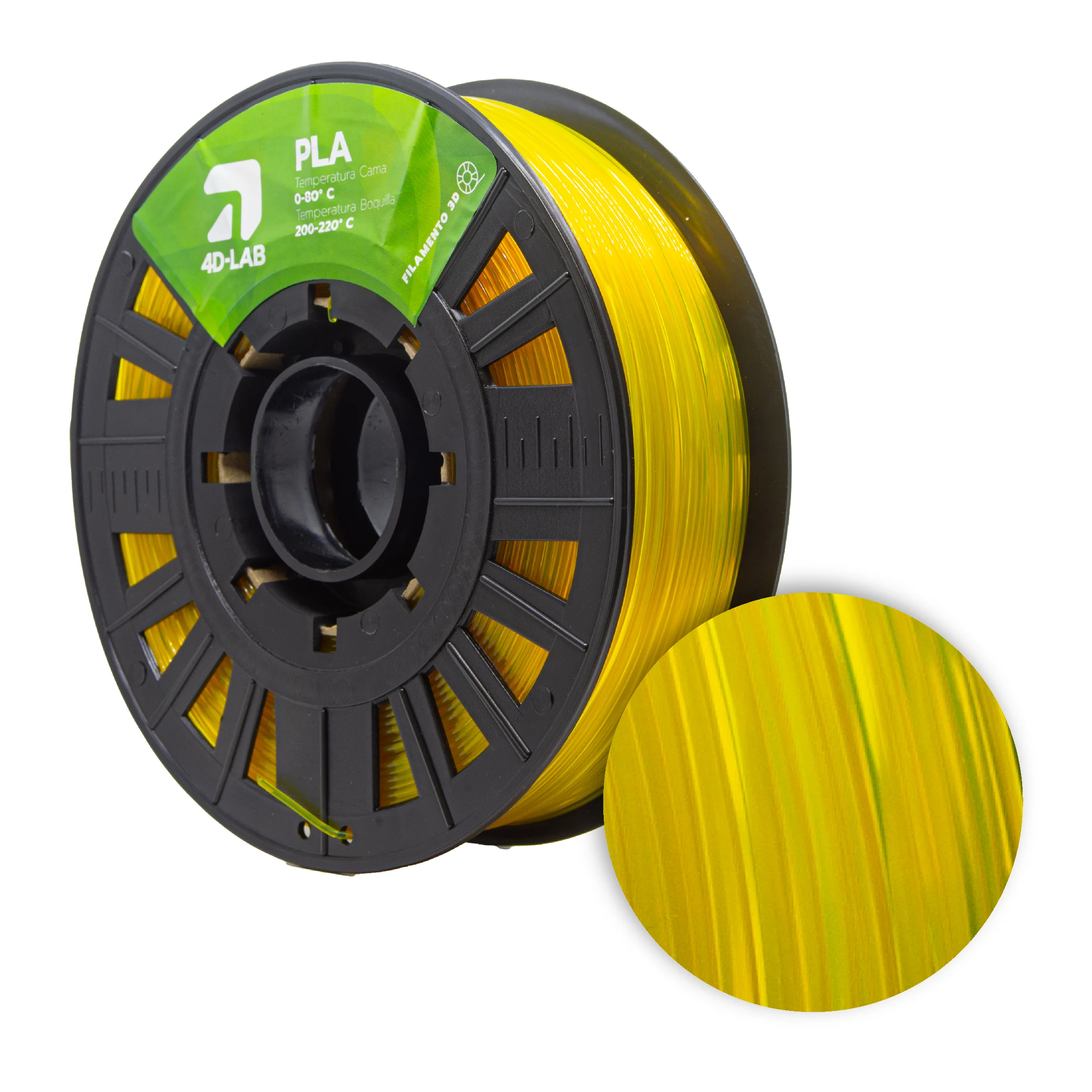 Bobina de filamento PLA amarillo traslúcido de 4DLAB, ideal para la fabricación de lámparas y difusores