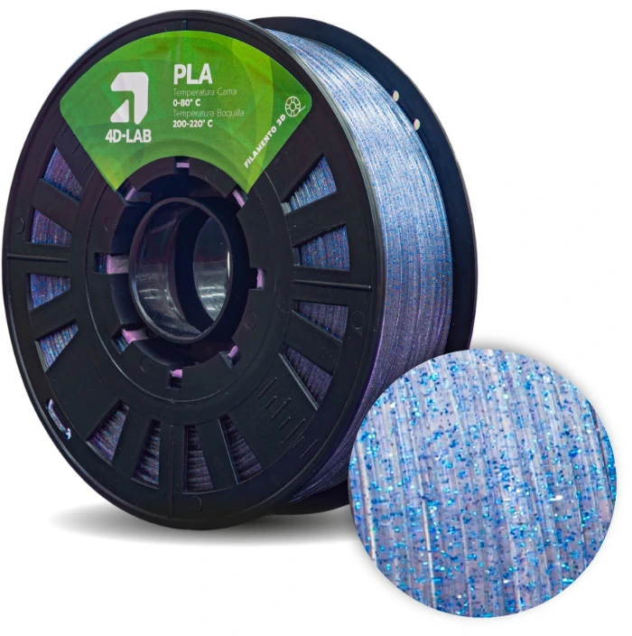 Bobina de filamento PLA de 4DLAB en color azul glitter, mostrando los destellos brillantes integrados en el polímero